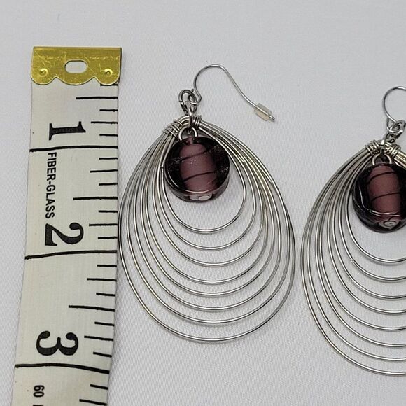 Dangle Earrings Silver Tone Layered Wire Teardrop Pierced Purple Faux Stone - Picture 3 of 5